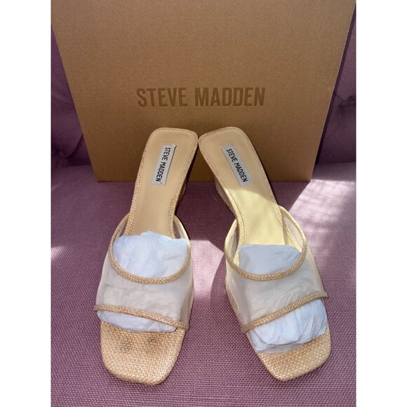 Steve Madden Seleste Sandals in Raffia Mesh Tan 10 Womens SLides Wedge Heels - Picture 6 of 10